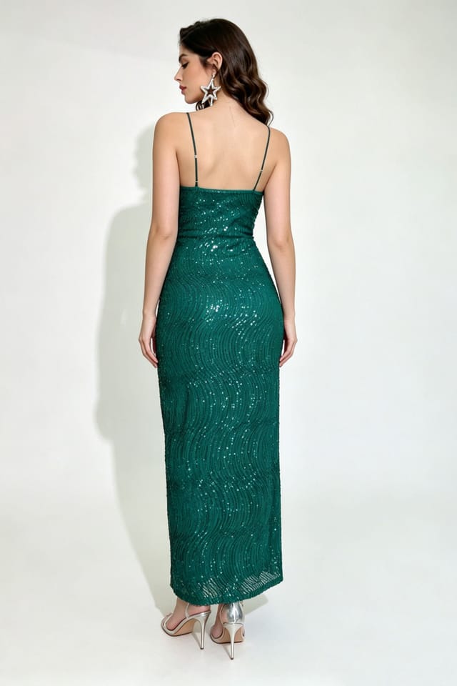 Divine Grace Divine Grace Women's Emerald Sequin Maxi Dress in Green - 3