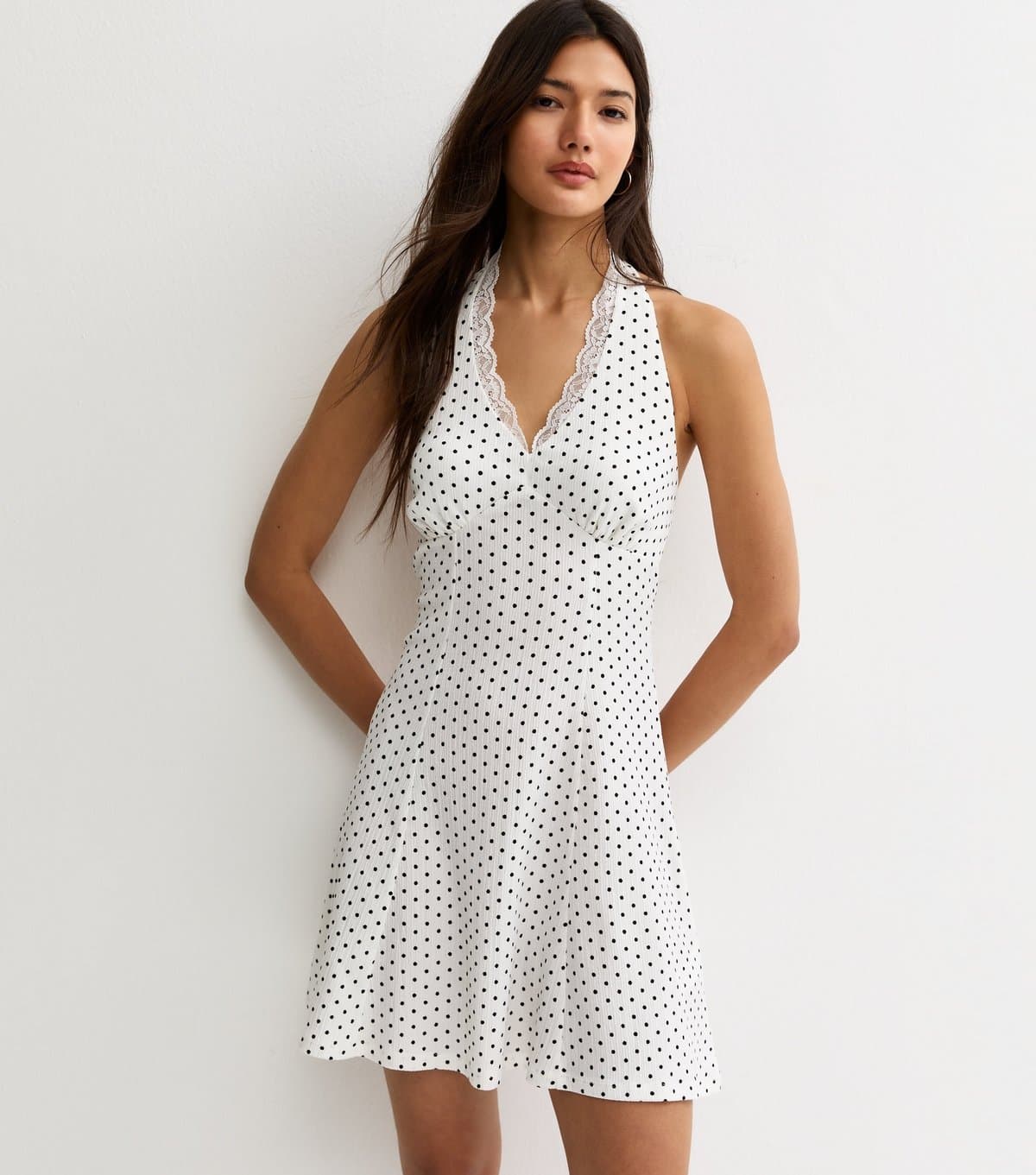 New Look Women's Cream Spot Print Lace Trim Halter Neck Mini Dress New Look