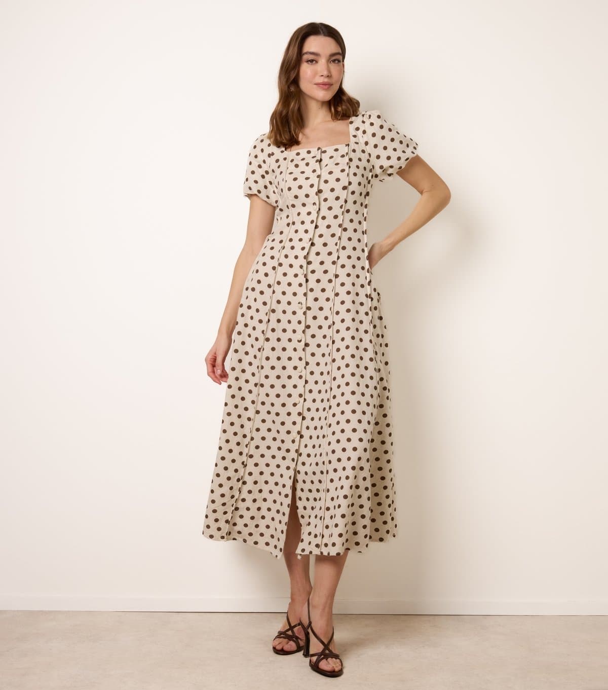 Blue Vanilla Women's Stone Linen Polka Dot Puff Sleeve Midi Dress Blue Vanilla New Look