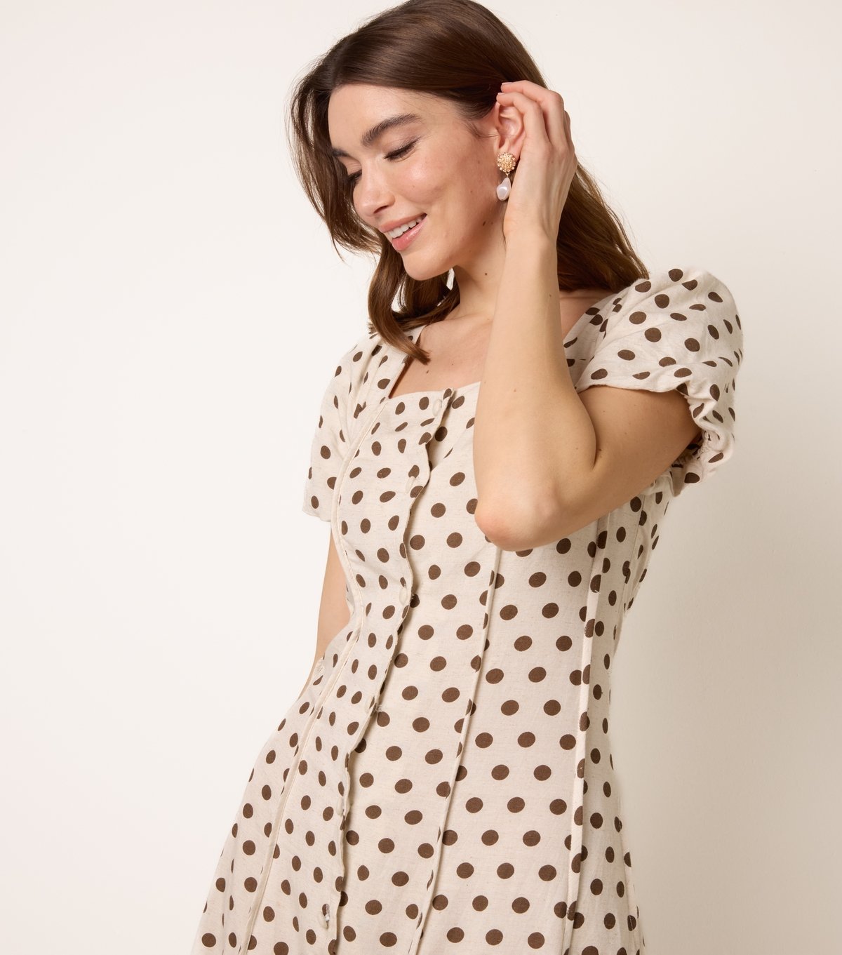 Blue Vanilla Women's Stone Linen Polka Dot Puff Sleeve Midi Dress Blue Vanilla New Look - 2