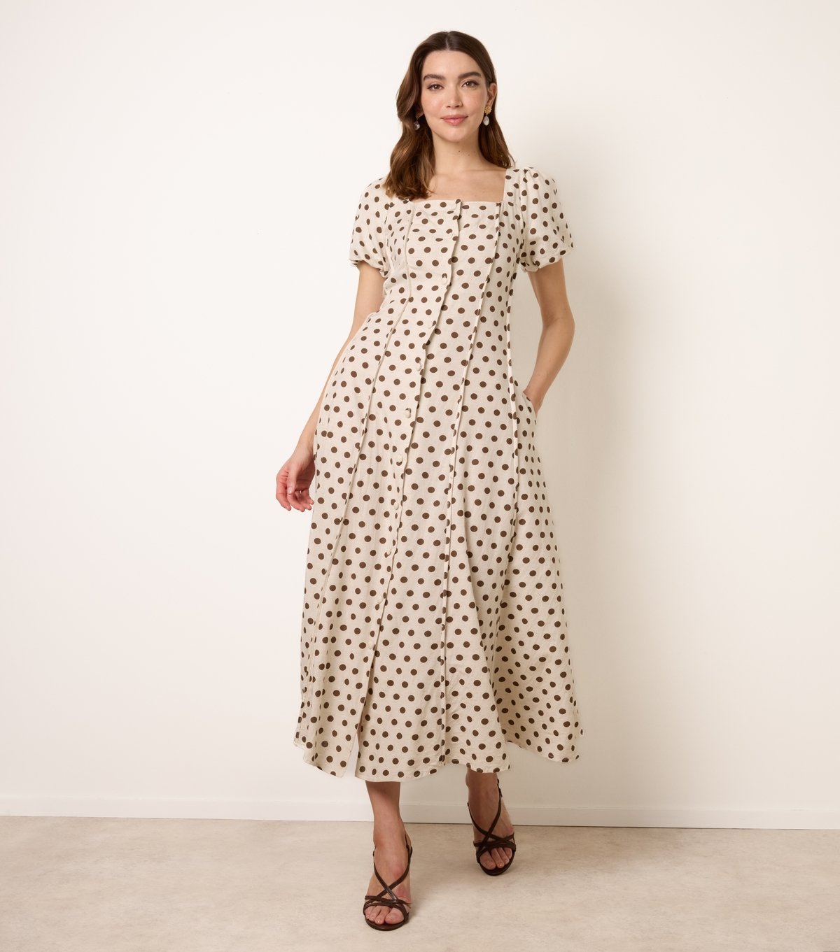 Blue Vanilla Women's Stone Linen Polka Dot Puff Sleeve Midi Dress Blue Vanilla New Look - 3