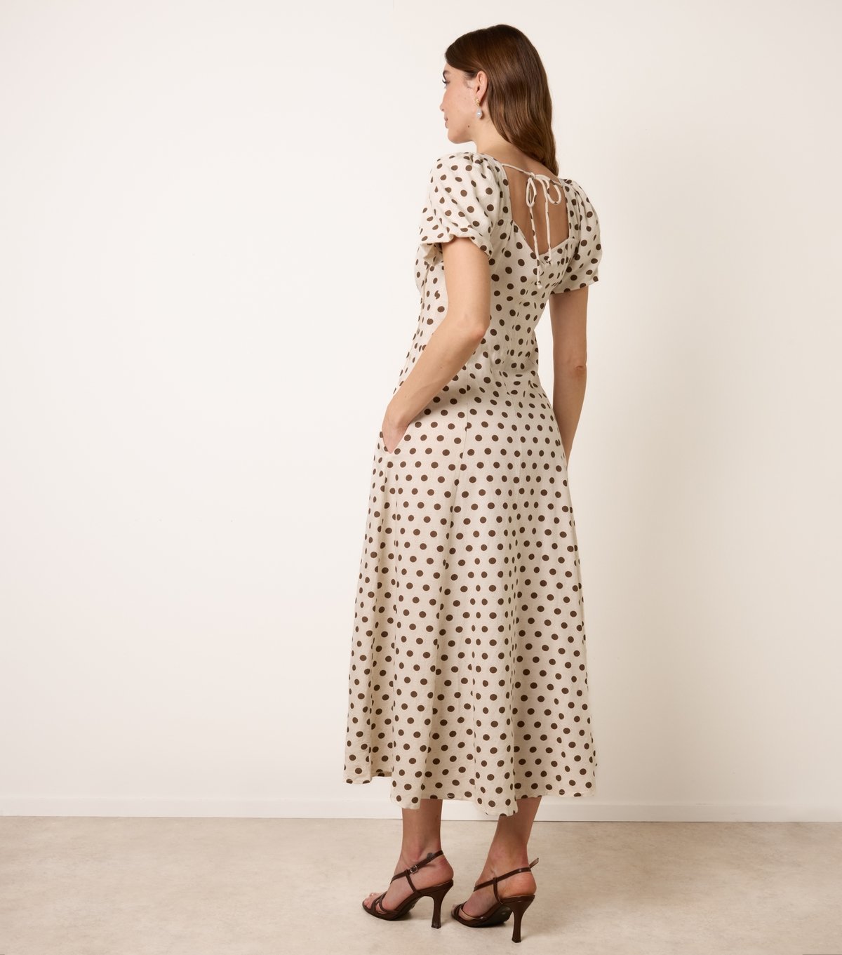 Blue Vanilla Women's Stone Linen Polka Dot Puff Sleeve Midi Dress Blue Vanilla New Look - 4