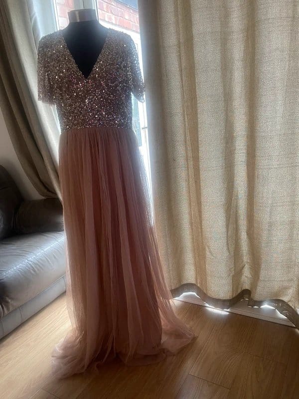 ASOS Taupe Blush V-Neck Embellished Maxi Sequin Bridesmaid Dress