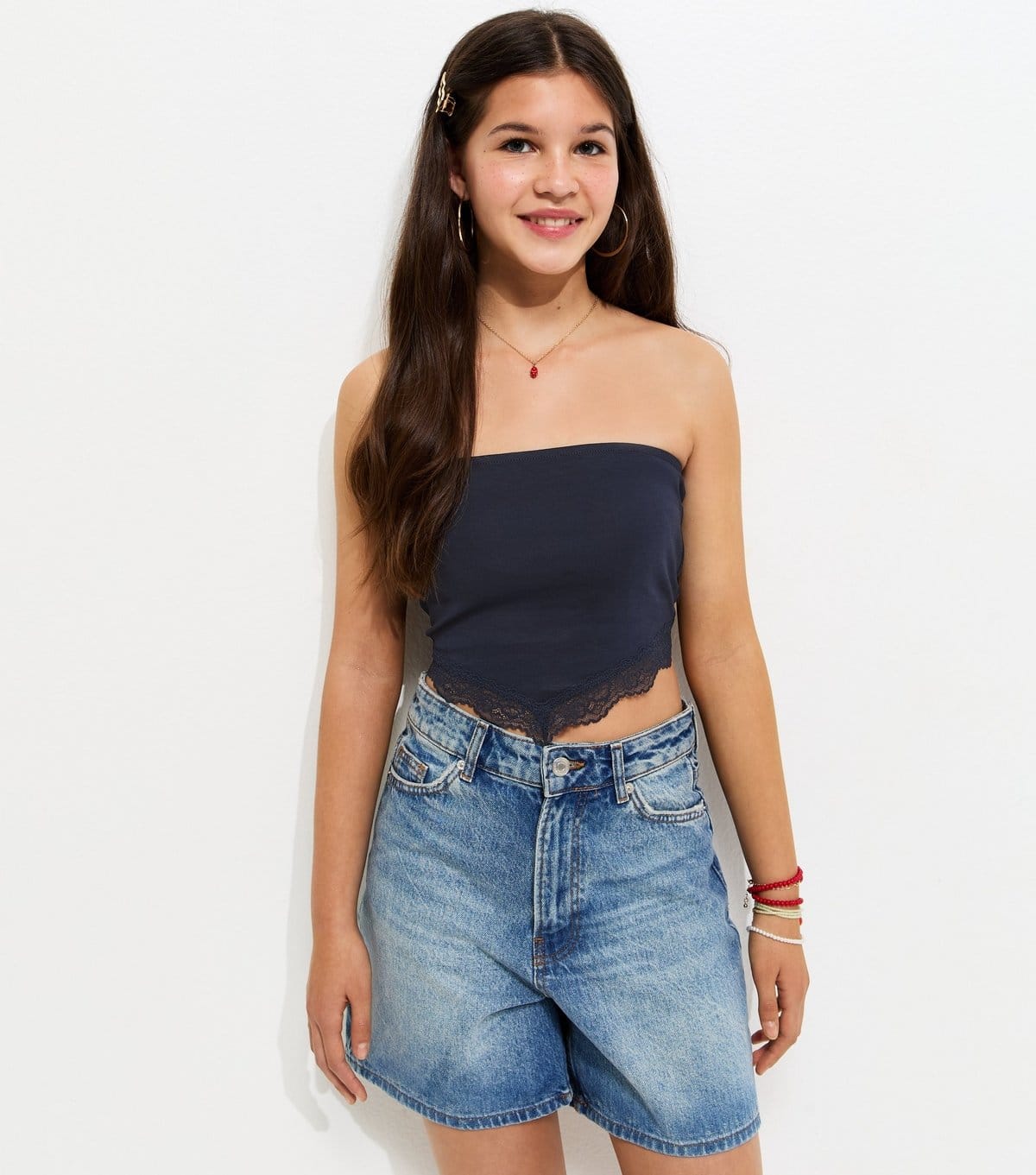 New Look Navy Lace Trim Bandeau Top