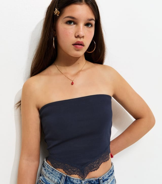 New Look Girls' Navy Lace Trim Handkerchief Hem Bandeau Top New Look - 2