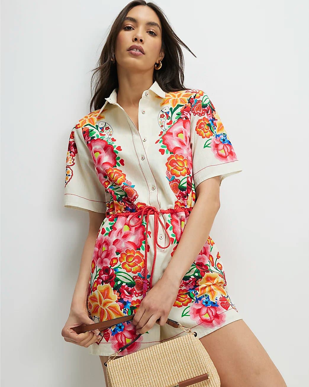 River Island River Island Womens Cream Short Sleeve Floral Collared Playsuit