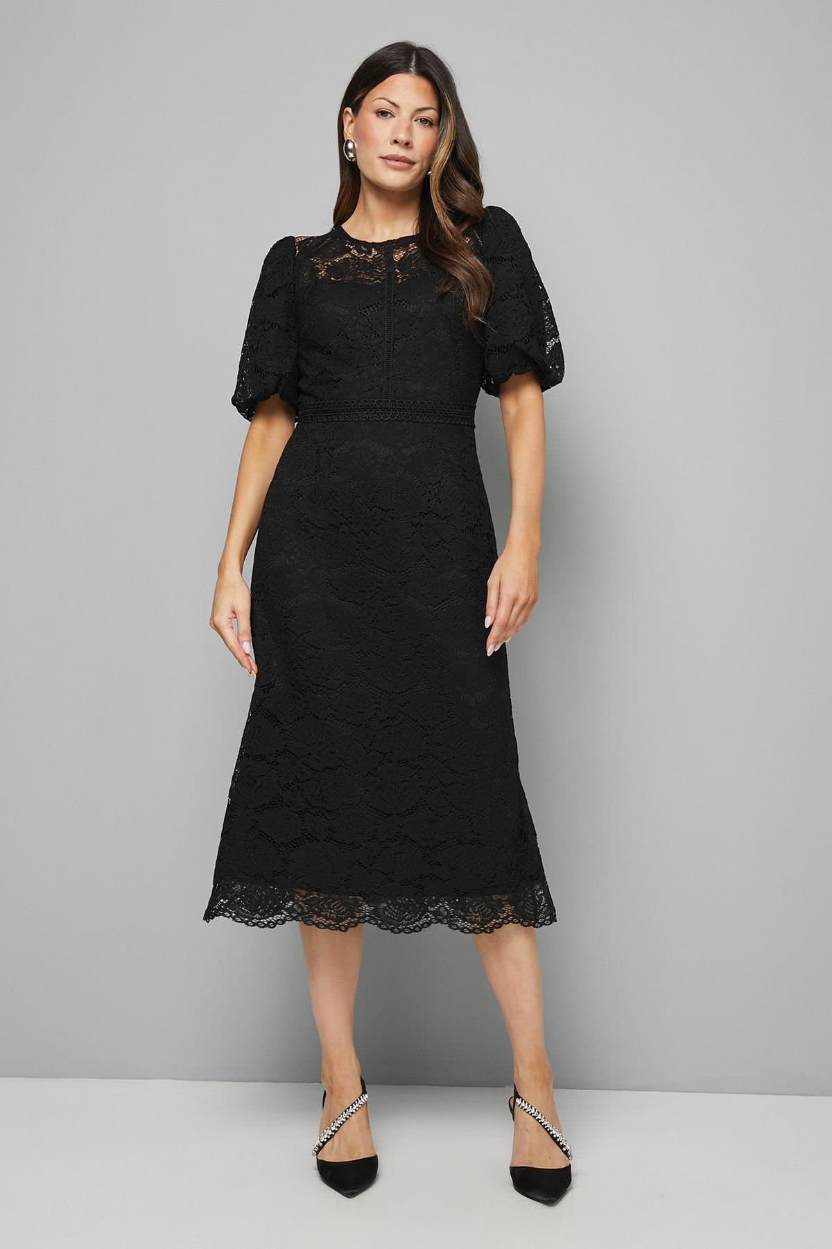 Wallis Wallis Women's Lace Puff Sleeve Midi Dress in Black