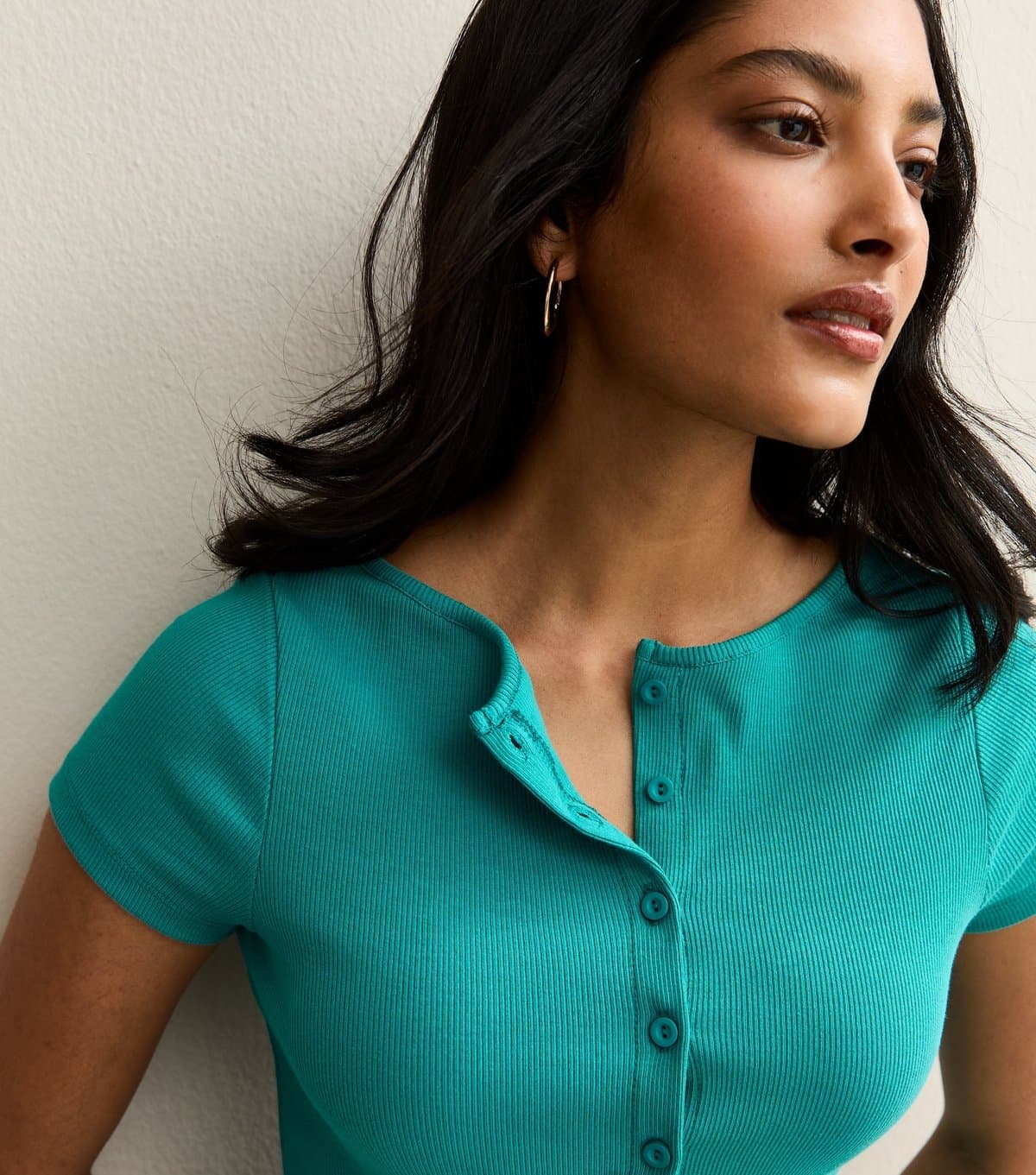 New Look Women's Teal Ribbed Button Up Baby Tee New Look