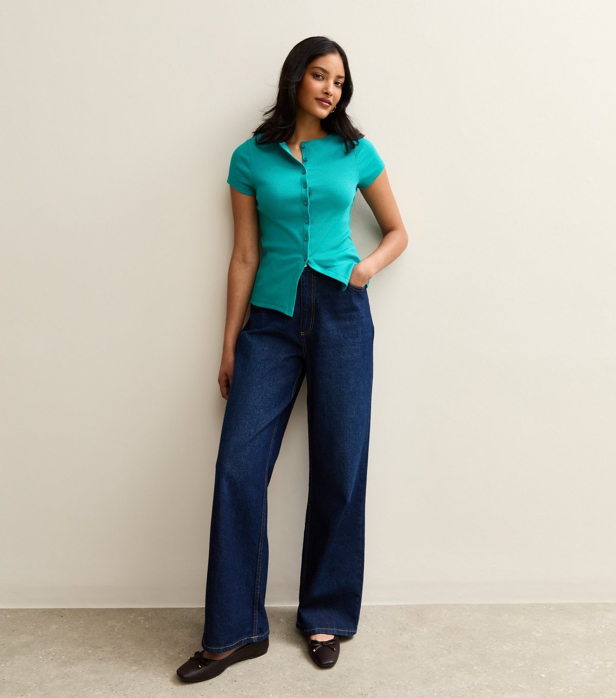 New Look Women's Teal Ribbed Button Up Baby Tee New Look - 2