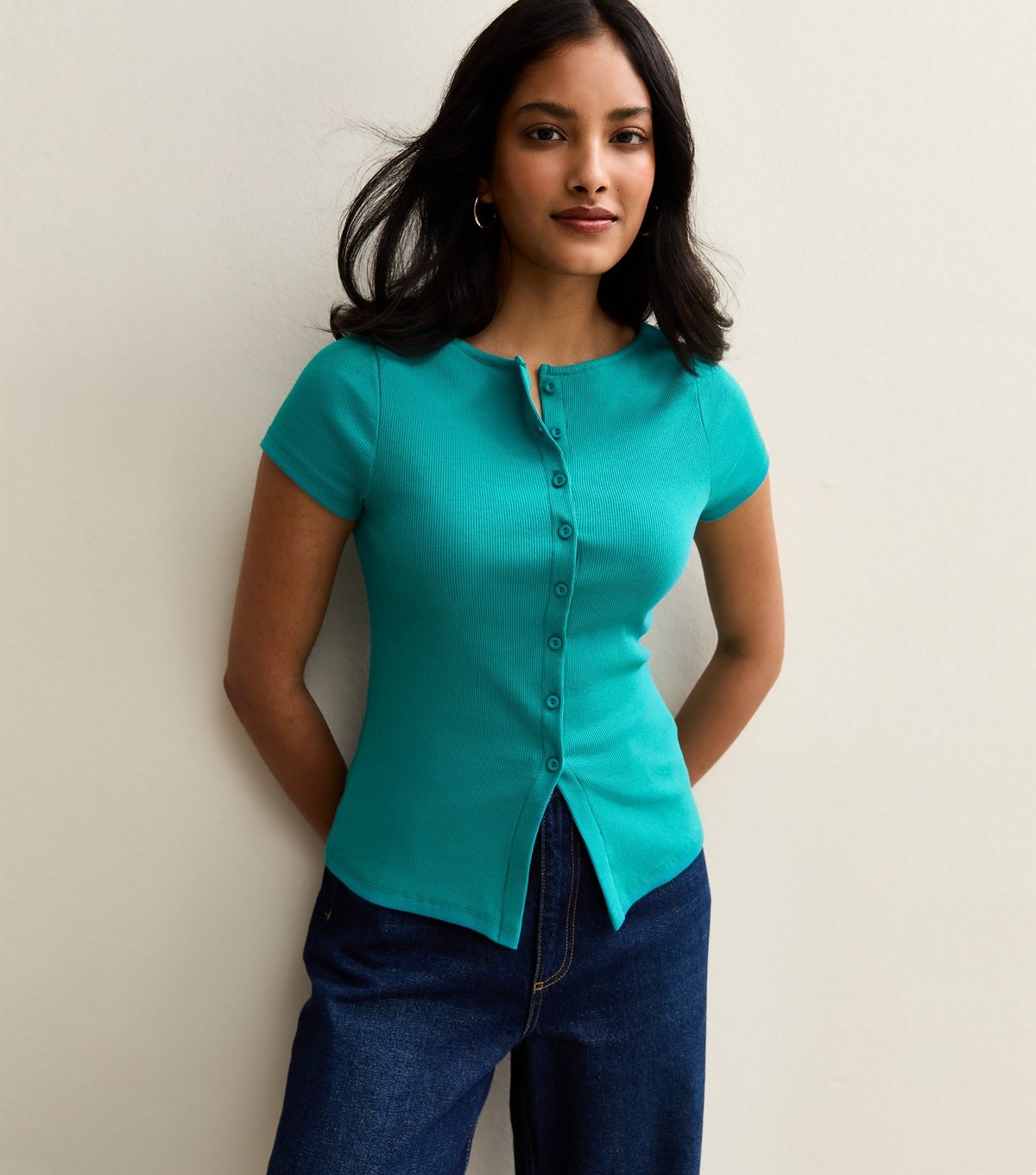 New Look Women's Teal Ribbed Button Up Baby Tee New Look - 3