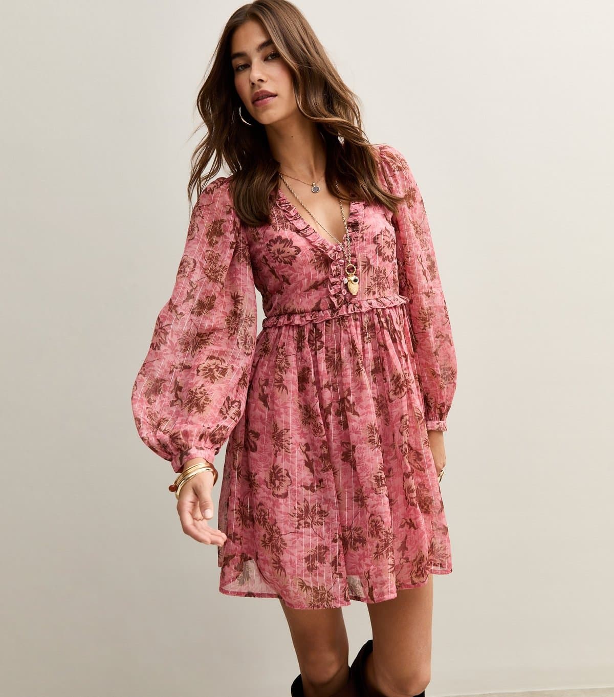 New Look Women's Pink Floral Print Chiffon Long Sleeve Mini Dress New Look