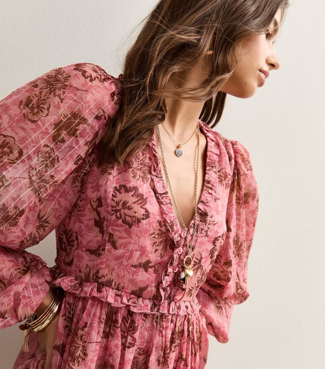 New Look Women's Pink Floral Print Chiffon Long Sleeve Mini Dress New Look - 2