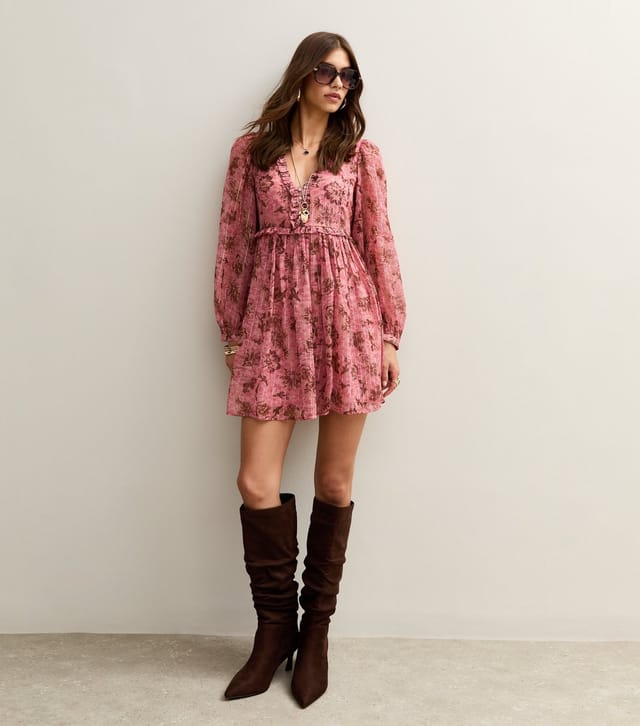 New Look Women's Pink Floral Print Chiffon Long Sleeve Mini Dress New Look - 3