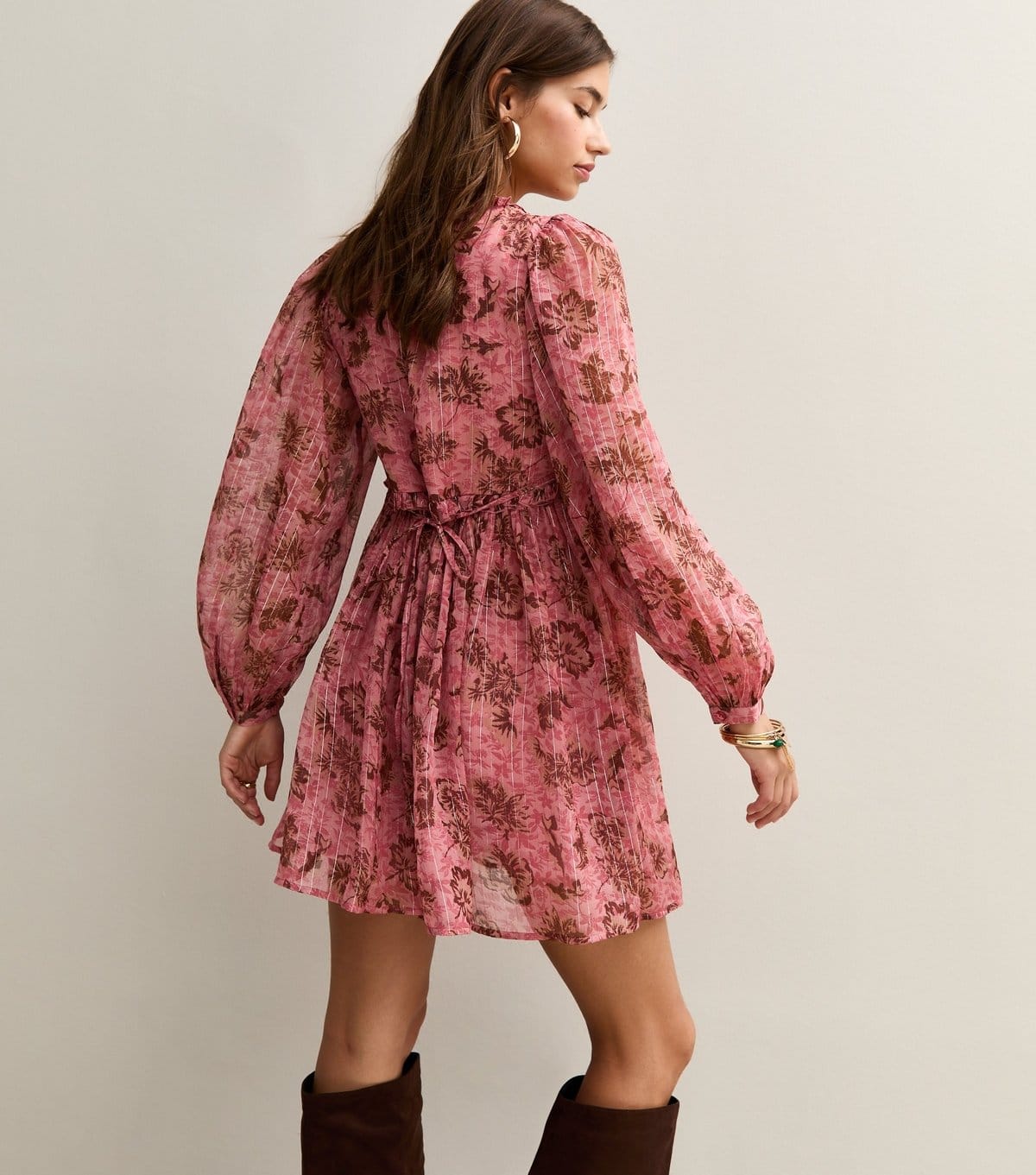 New Look Women's Pink Floral Print Chiffon Long Sleeve Mini Dress New Look - 4