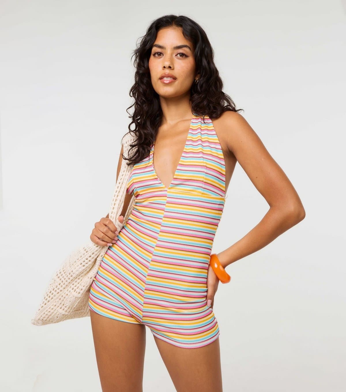 Pink Vanilla Women's Multicoloured Striped Halterneck Playsuit Pink Vanilla New Look