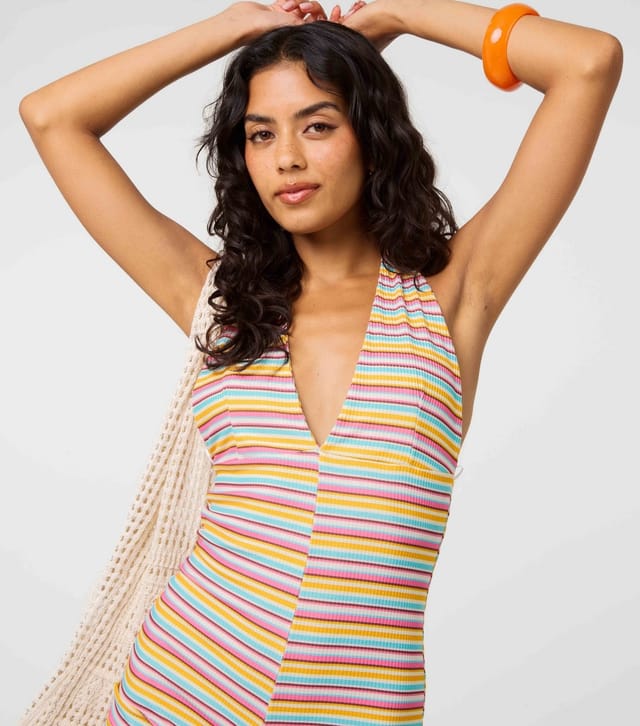 Pink Vanilla Women's Multicoloured Striped Halterneck Playsuit Pink Vanilla New Look - 3