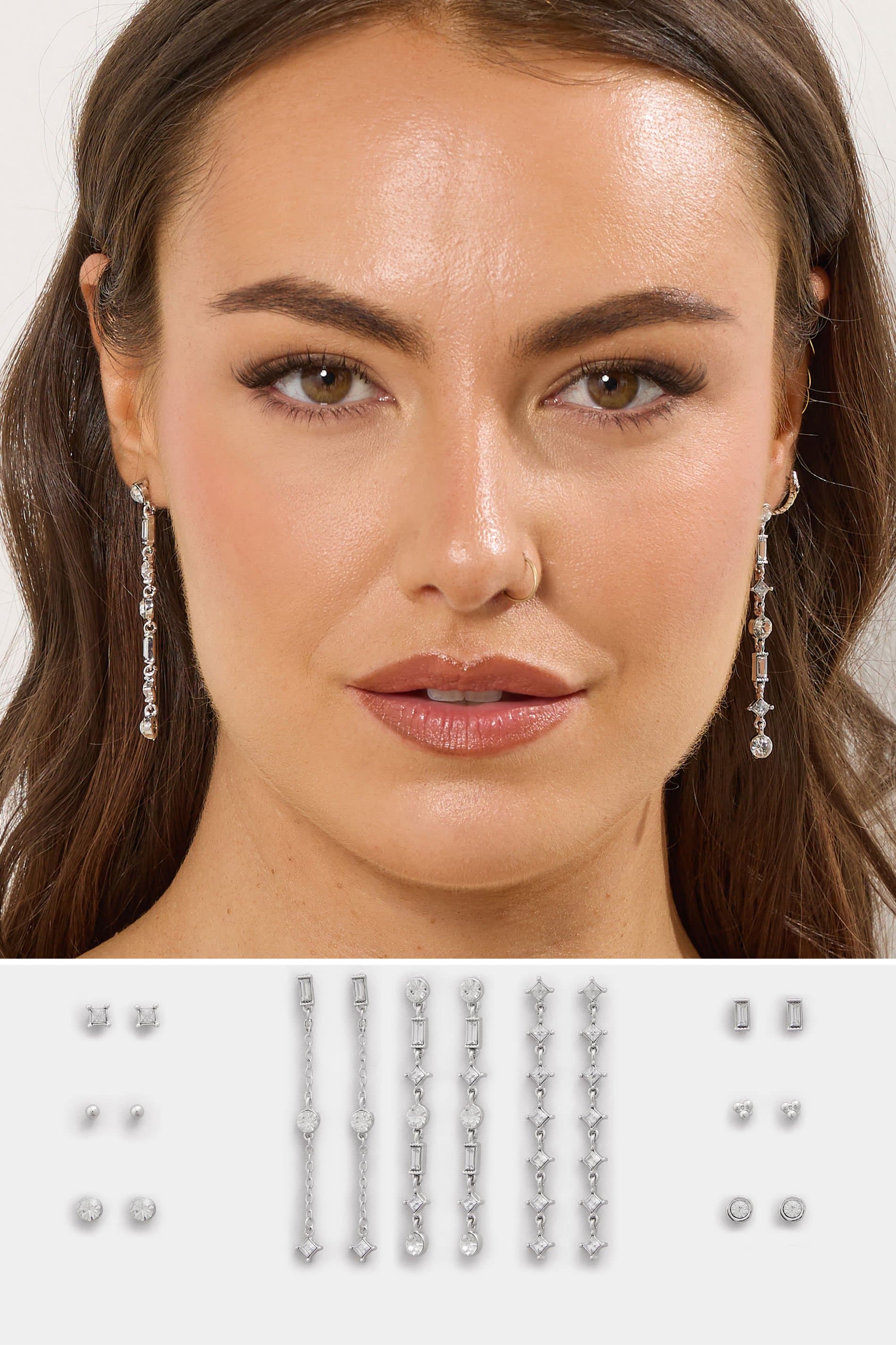 Yours 9 Pack Silver Tone Diamante Mixed Earring Set