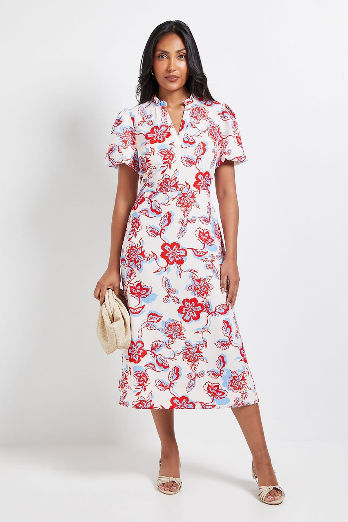 Wallis Wallis Women's Petite Floral Waffle Ruched Midi Dress in Ivory