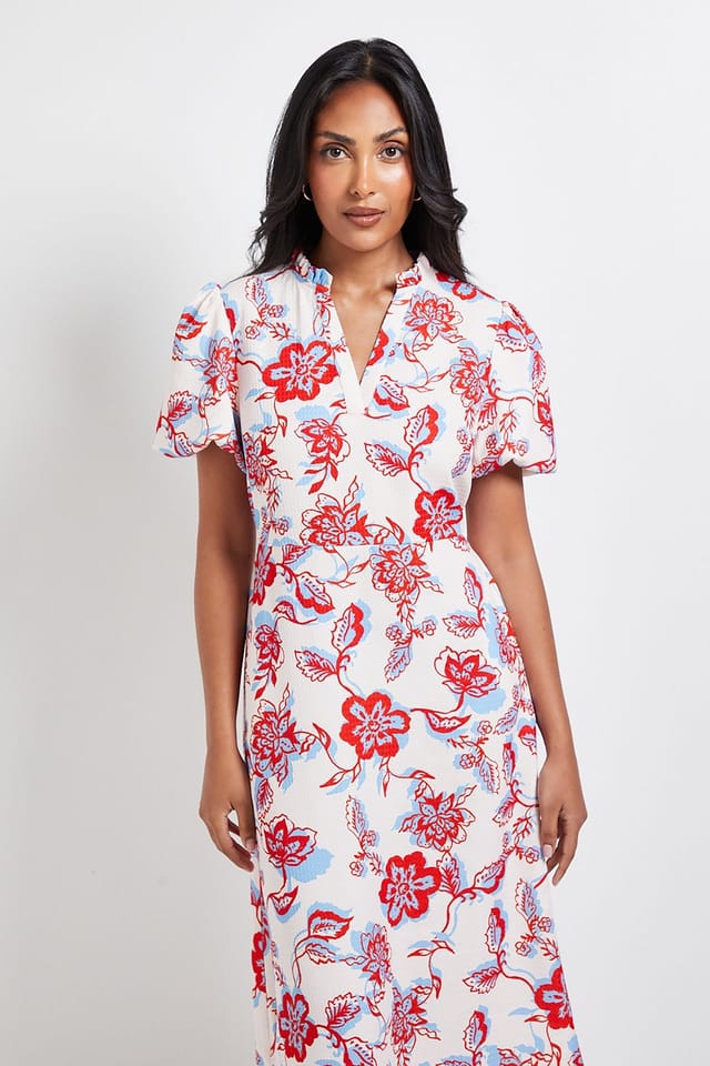 Wallis Wallis Women's Petite Floral Waffle Ruched Midi Dress in Ivory - 2
