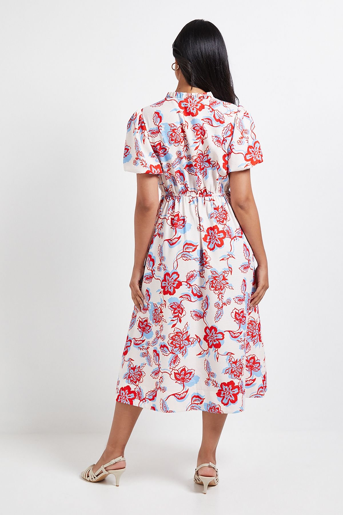 Wallis Wallis Women's Petite Floral Waffle Ruched Midi Dress in Ivory - 3