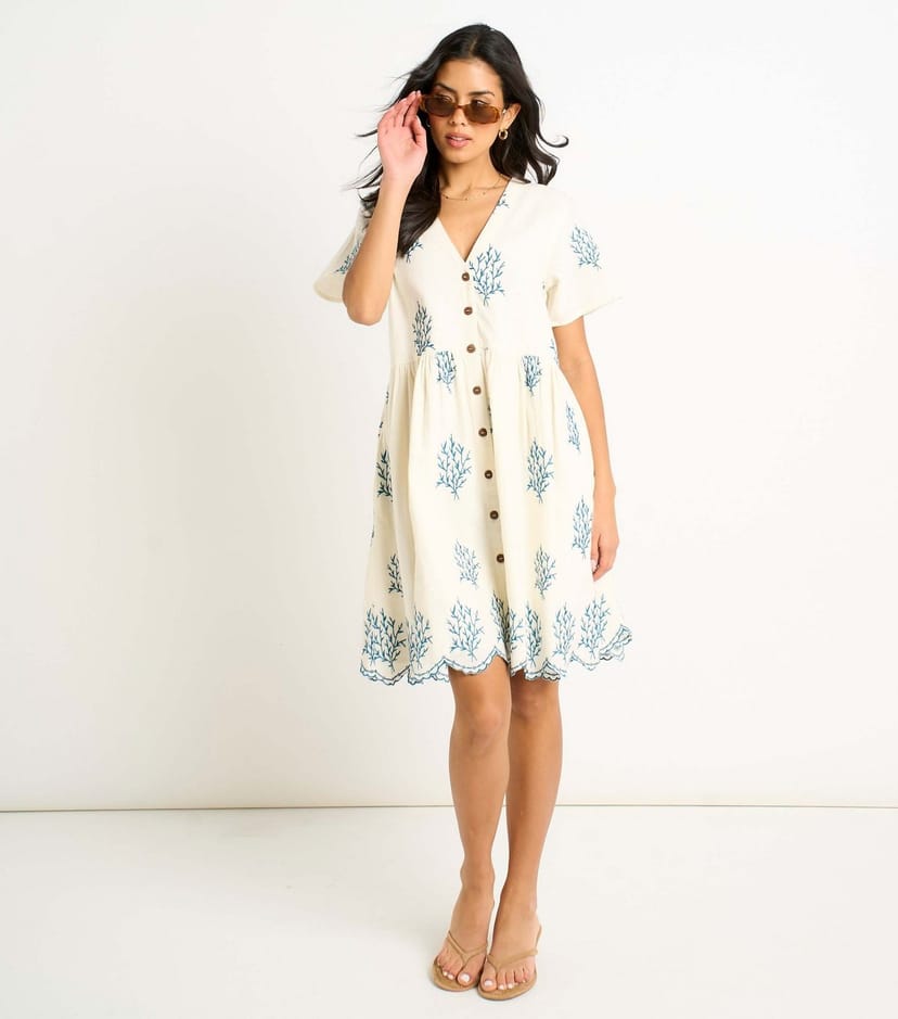 Gini London Women's Off White Floral Embroidered Smock Mini Dress Gini London New Look - 1