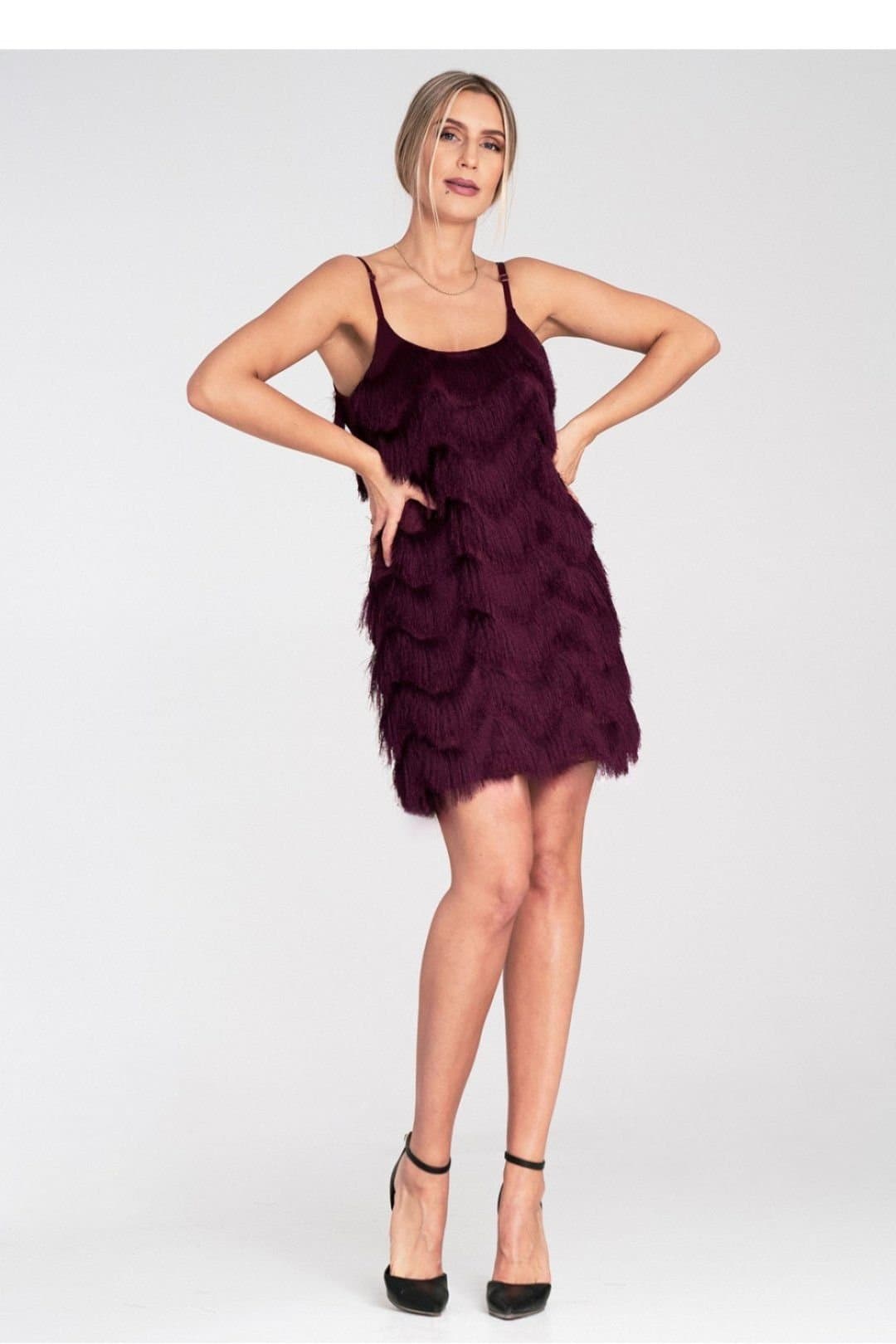 Love Lace Love Lace Women's Mini Evening Dress with Decorative Fringe Trim in Burgundy