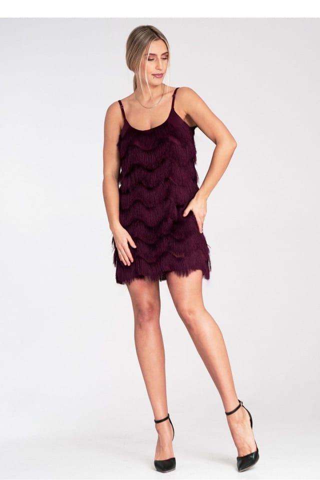 Love Lace Love Lace Women's Mini Evening Dress with Decorative Fringe Trim in Burgundy - 2