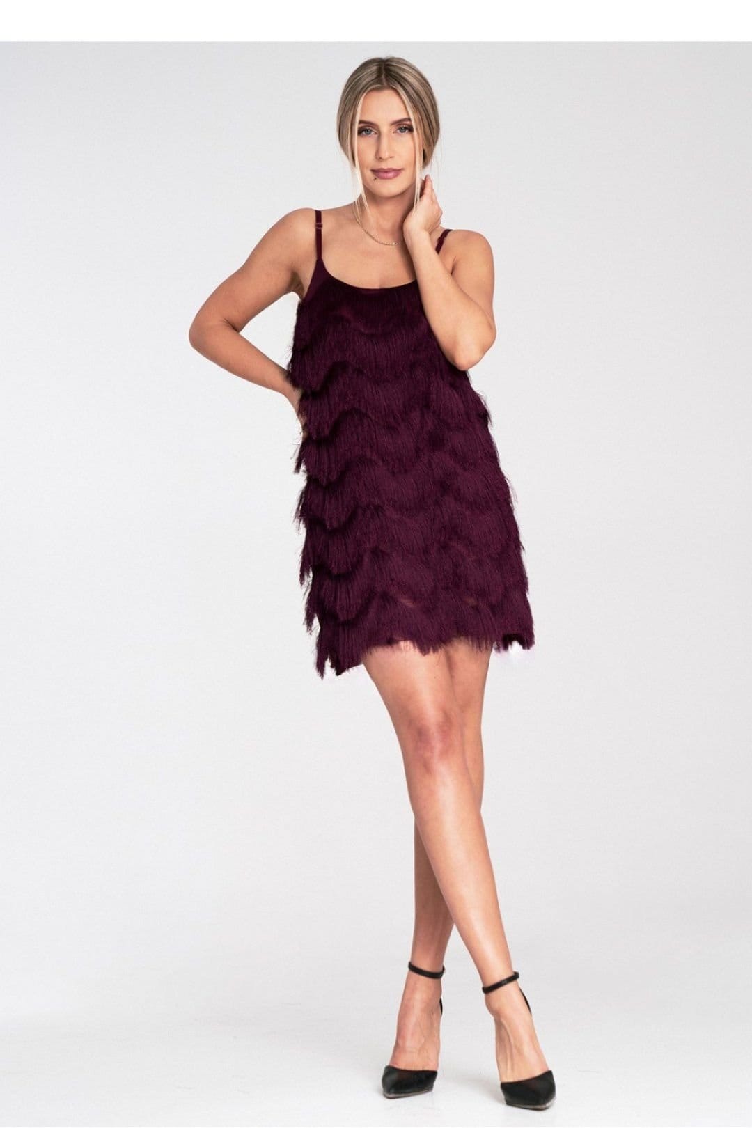Love Lace Love Lace Women's Mini Evening Dress with Decorative Fringe Trim in Burgundy - 4