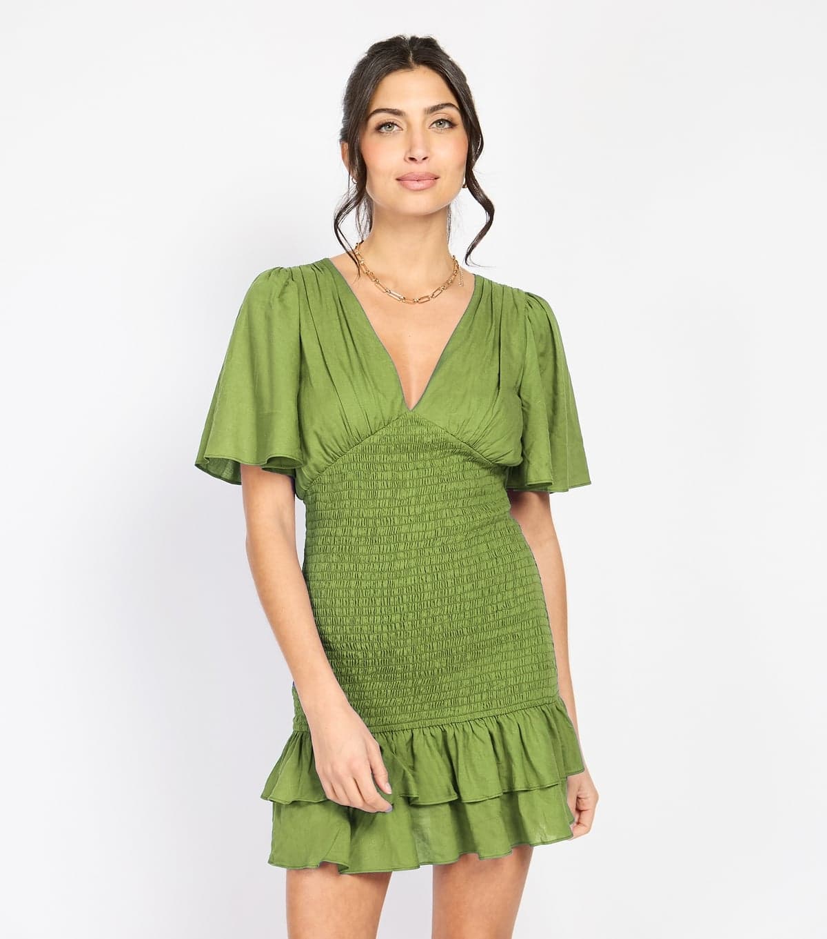 Little Mistress Women's Green Shirred Frilly Hem Mini Dress Little Mistress New Look