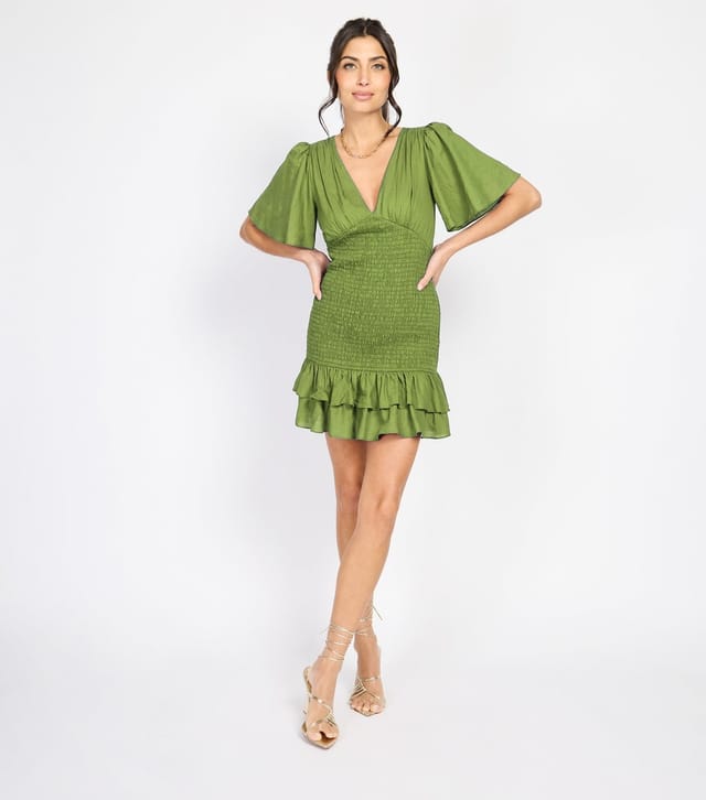 Little Mistress Women's Green Shirred Frilly Hem Mini Dress Little Mistress New Look - 2