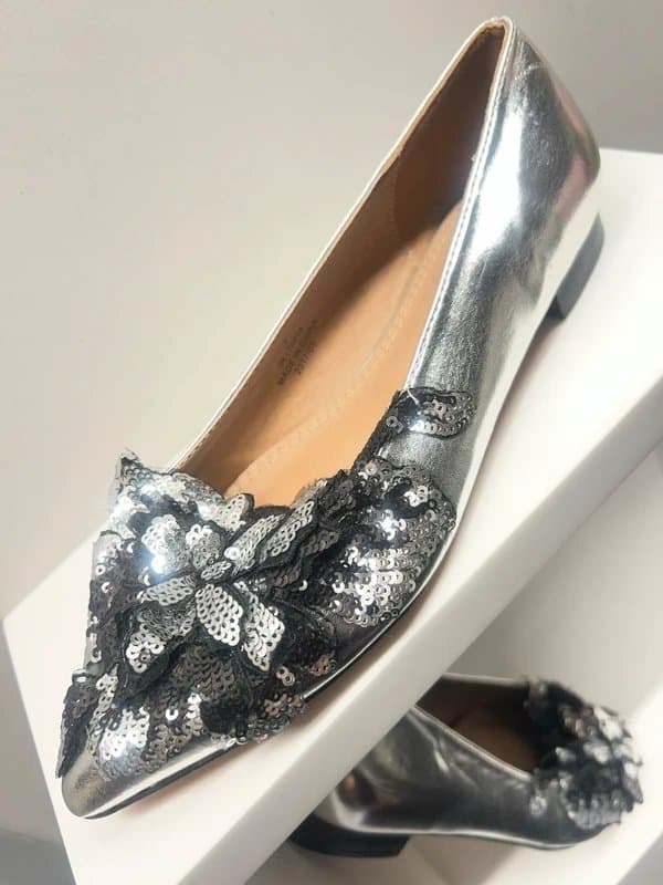 ASOS ASOS Silver Pointed Toe Flats Size 3 | Sequin Flower Embellished Party Shoes