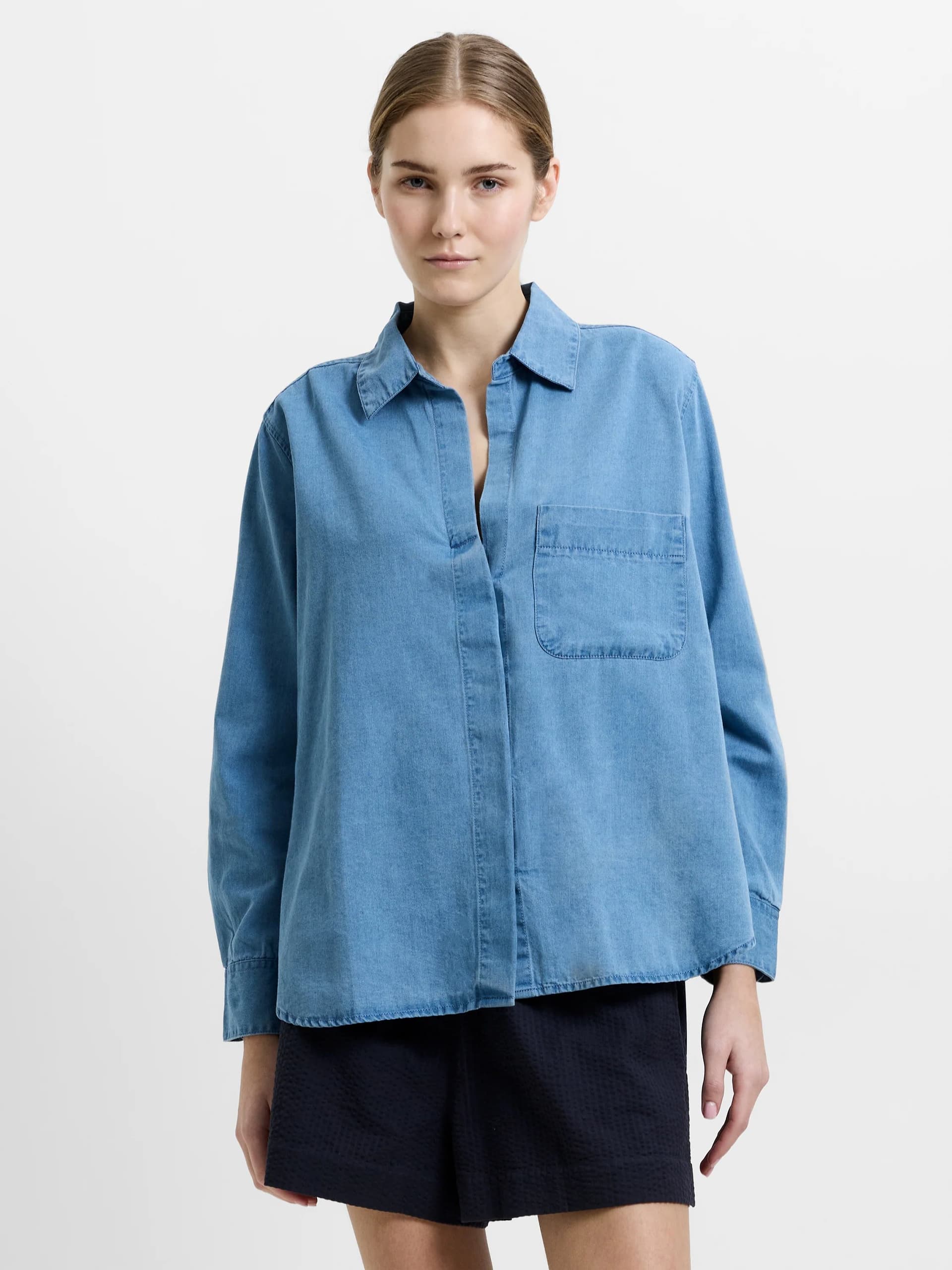 French Connection Chambray Denim Long Sleeve Shirt Light Wash Chambray Blue