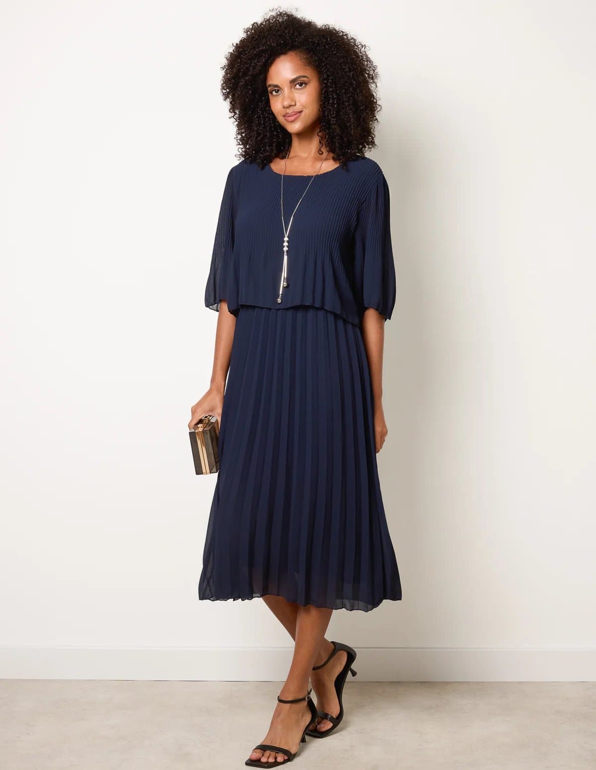 Blue Vanilla Pleated Short Sleeve Dress with Necklace