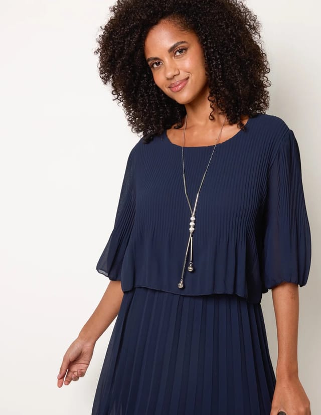 Blue Vanilla Pleated Short Sleeve Dress with Necklace - 2