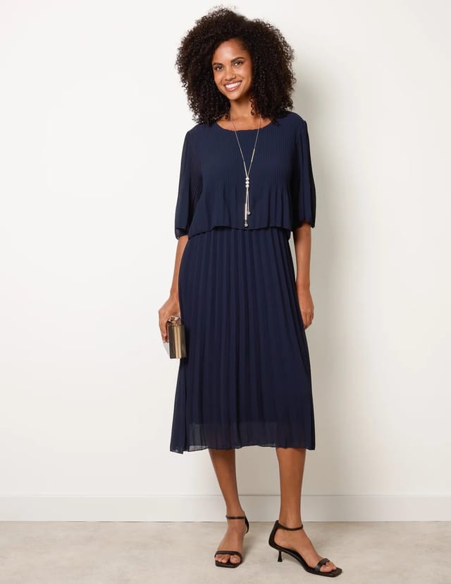 Blue Vanilla Pleated Short Sleeve Dress with Necklace - 3