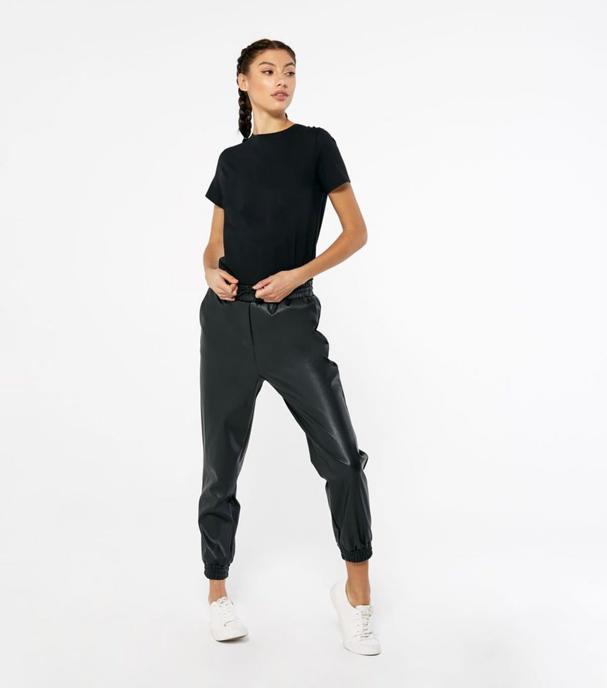 New Look Women's Black Leather-Look Cuffed Joggers New Look