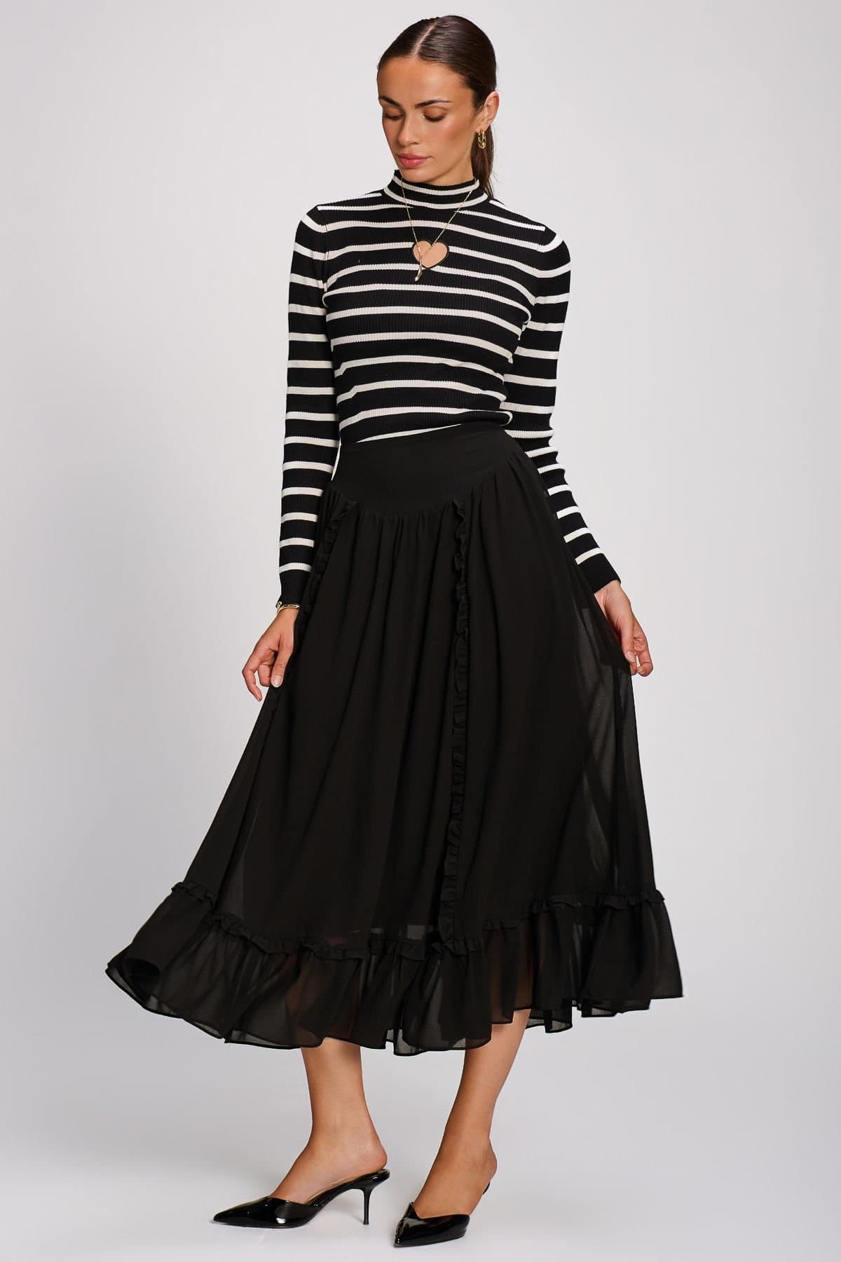 Jolie Moi Jolie Moi Women's Chiffon Frill Tiered Maxi Skirt in Black