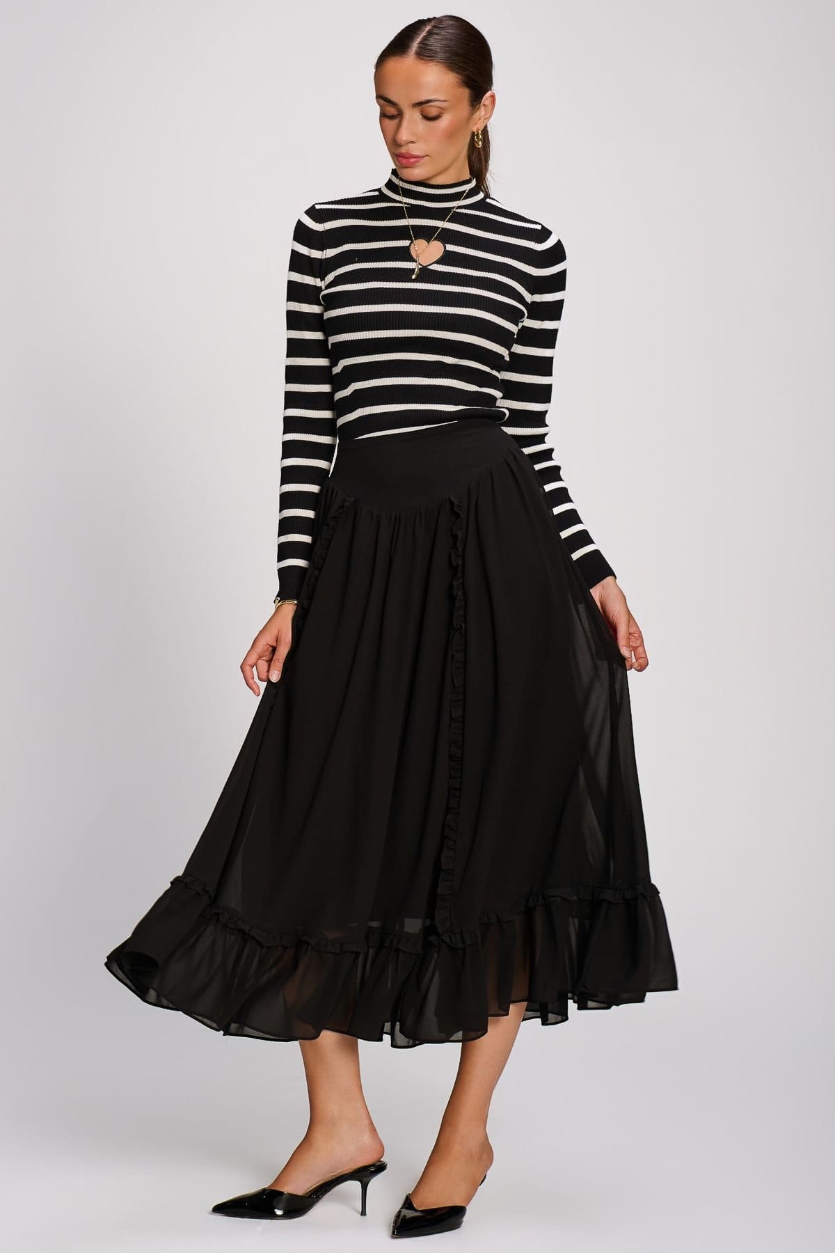 Jolie Moi Black Chiffon Frill Tiered Maxi Skirt
