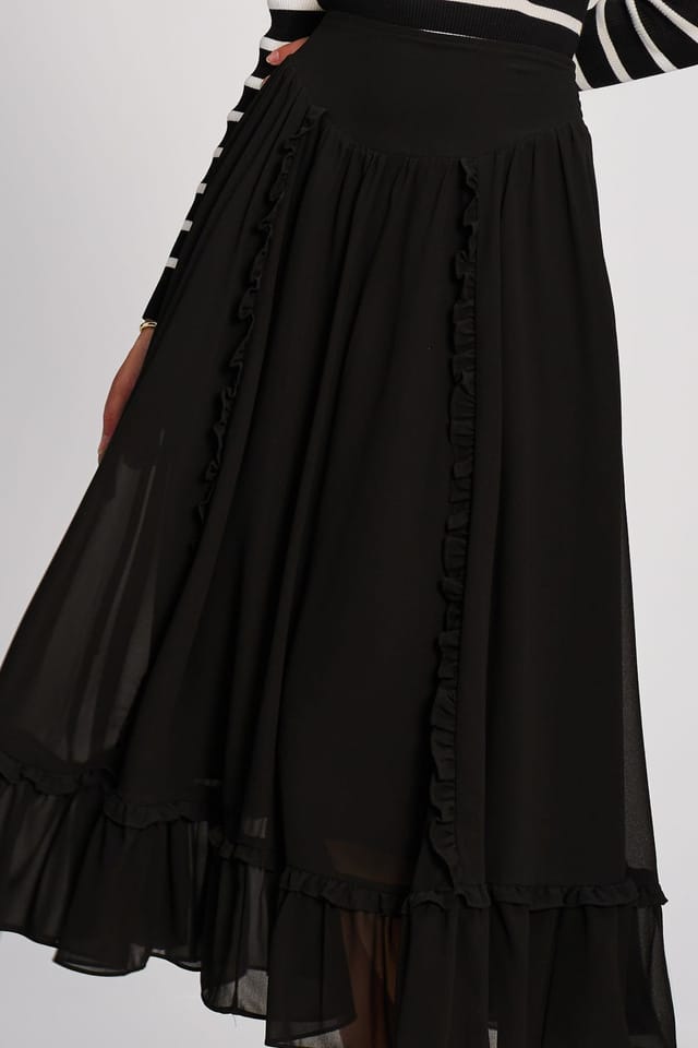 Jolie Moi Jolie Moi Women's Chiffon Frill Tiered Maxi Skirt in Black - 3