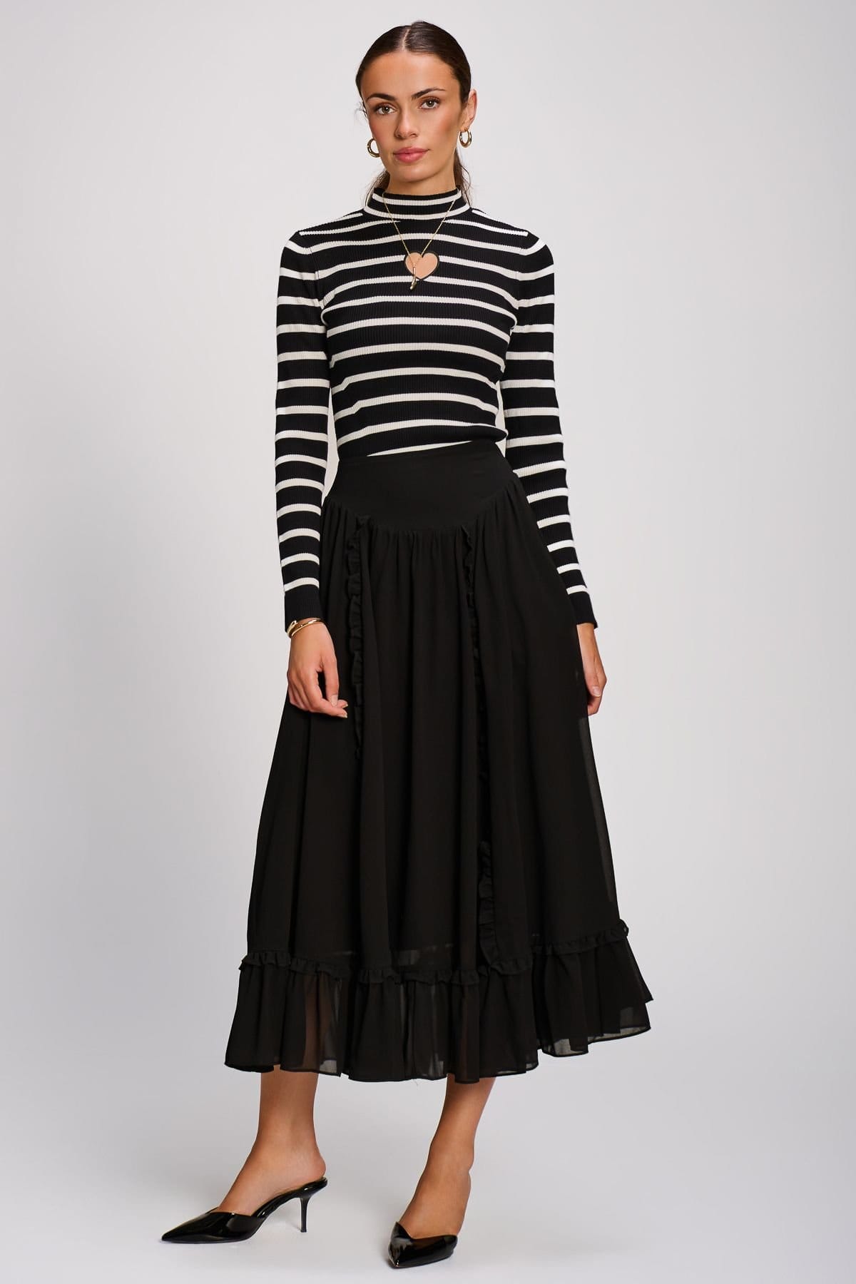 Jolie Moi Jolie Moi Women's Chiffon Frill Tiered Maxi Skirt in Black - 4