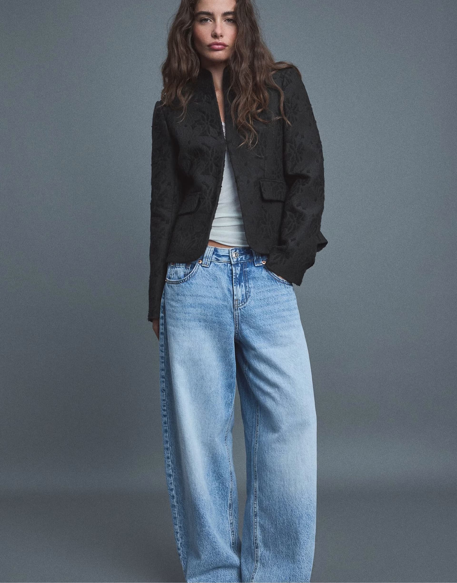 ASOS Stradivarius Asymmetric suede jacquard blazer in black