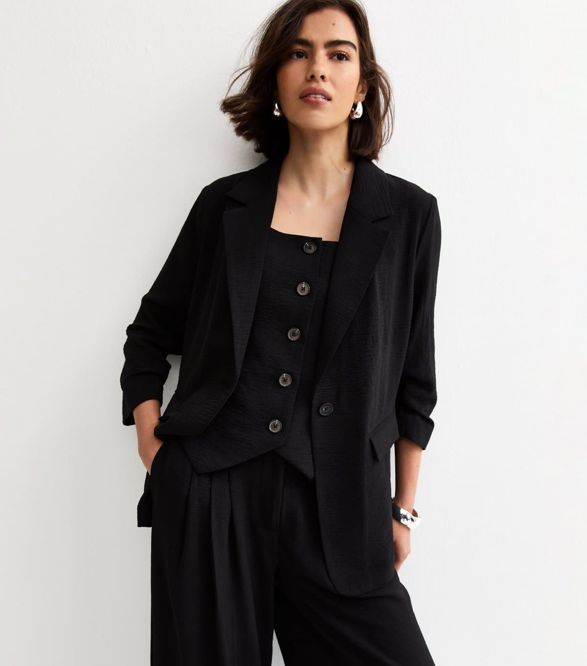 New Look Women's Black Ruched Sleeve Blazer New Look