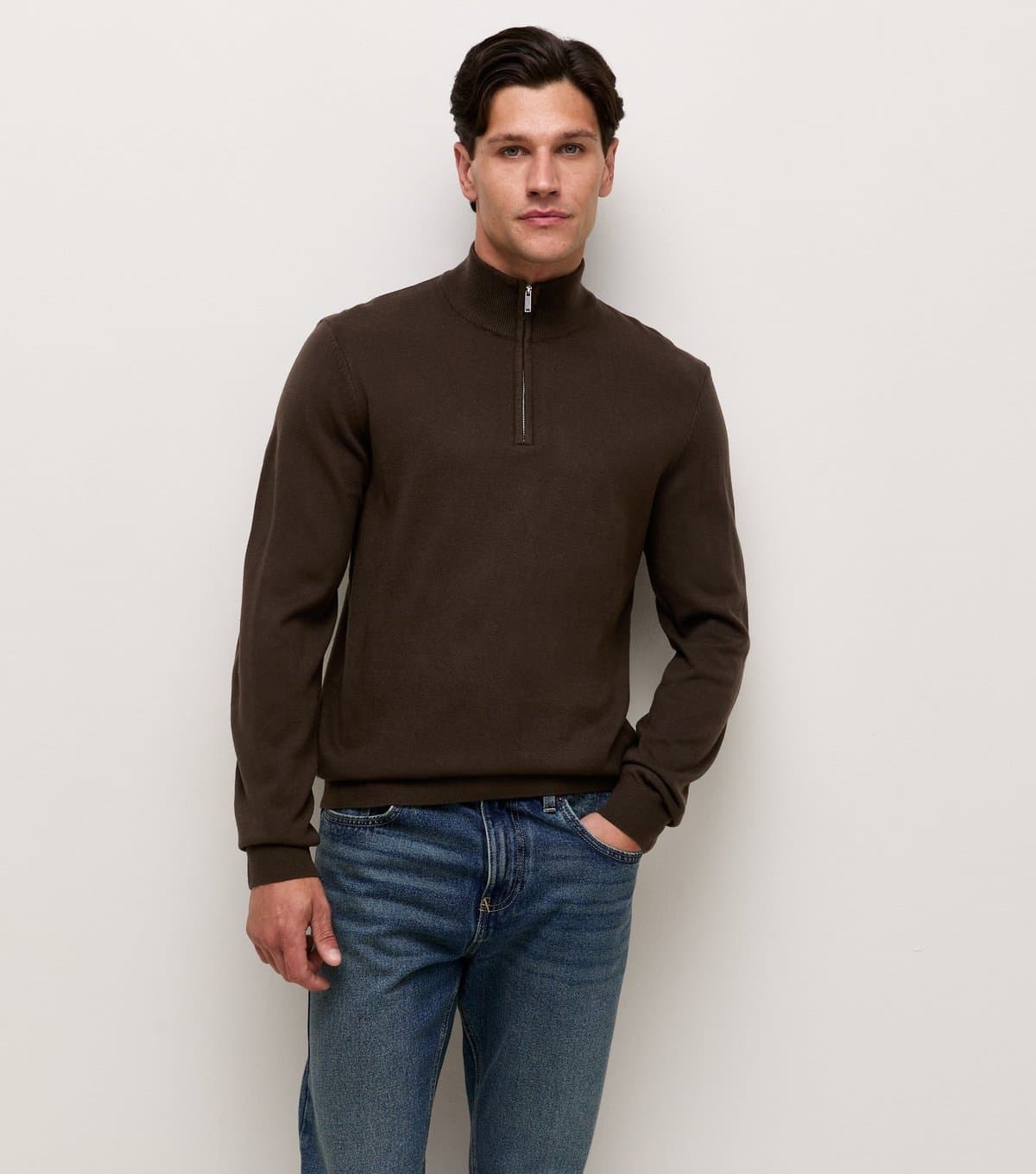 New Look Men's Brown Slim Fit Quarter Zip Funnel Neck Knitted Jumper New Look