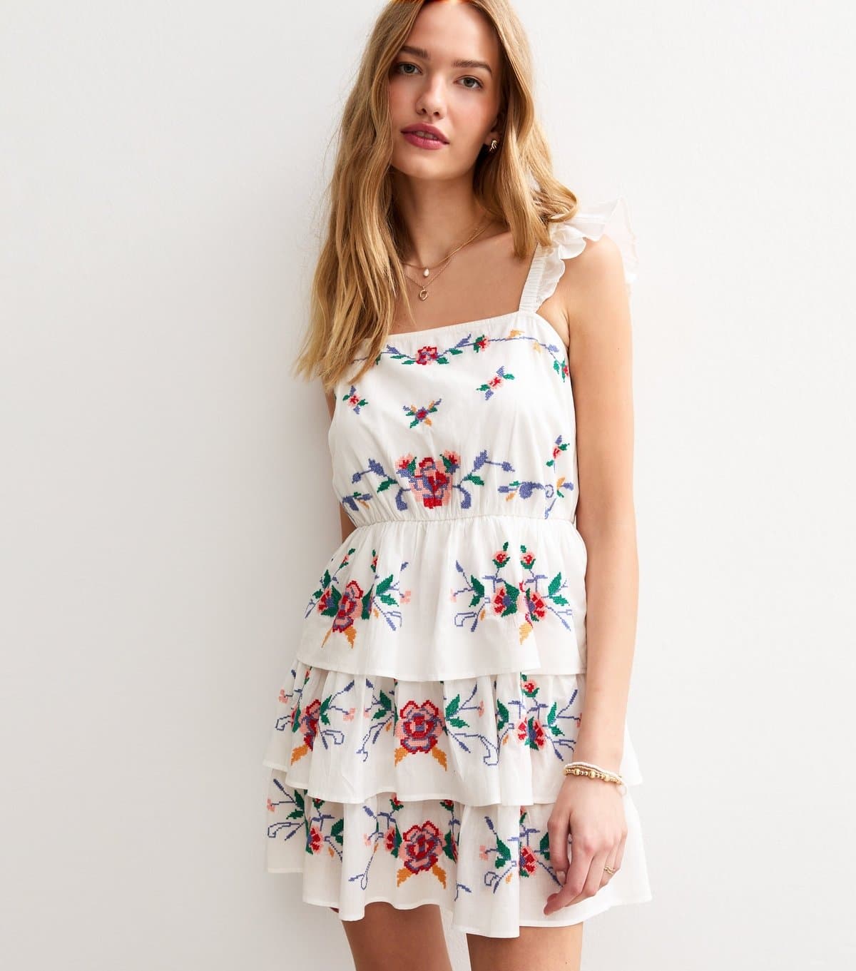 New Look Women's White Tiered Floral Embroidered Mini Dress New Look