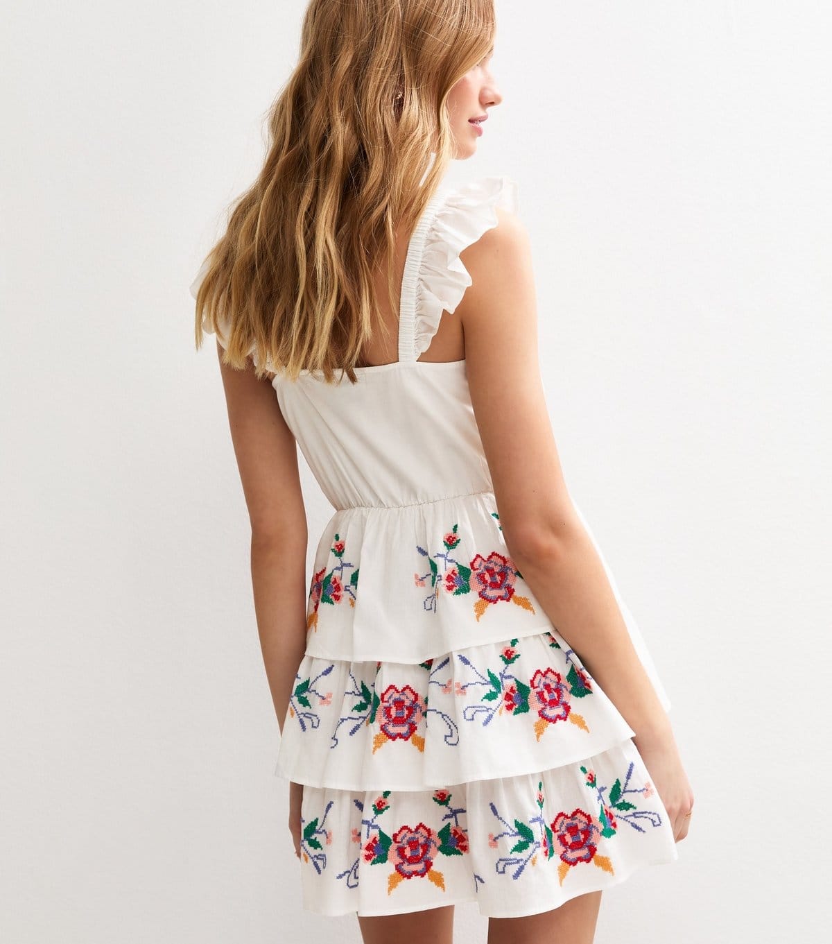 New Look Women's White Tiered Floral Embroidered Mini Dress New Look - 4