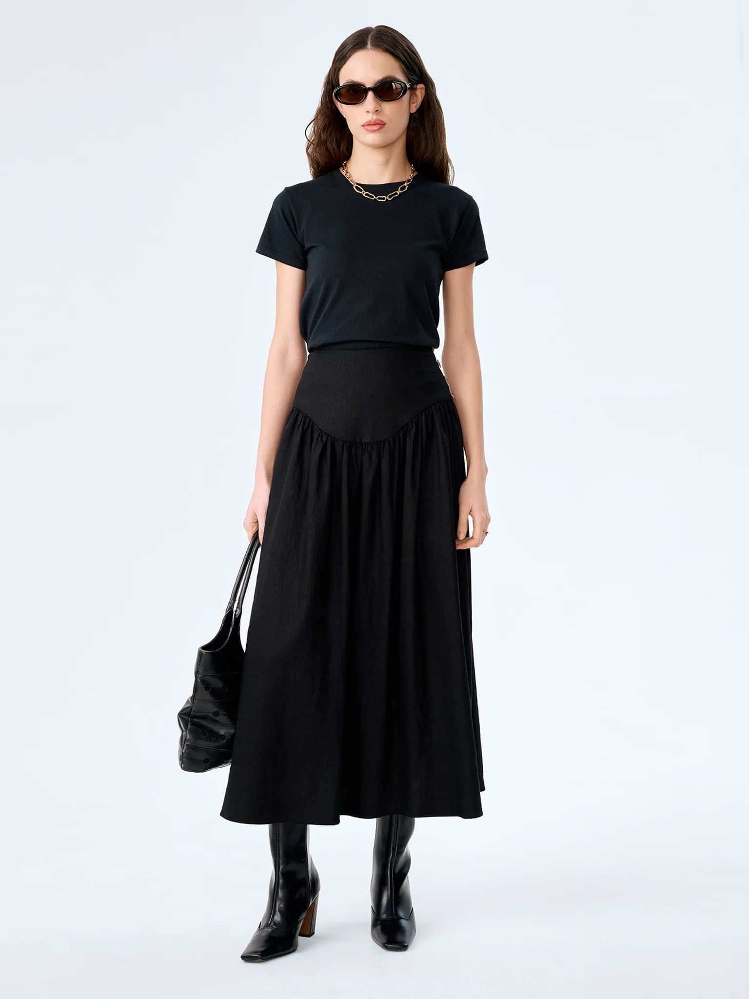 OMNES OMNES Black Lucille Midi Skirt with Drop Waist