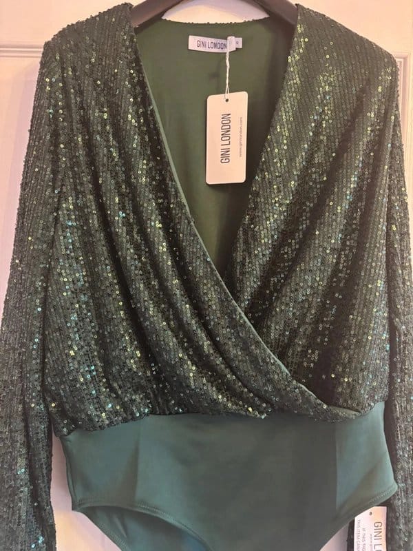 Girl in Mind Girl in mind sequin plunge bodysuit wedding party holiday 12-14 new same day post - 1