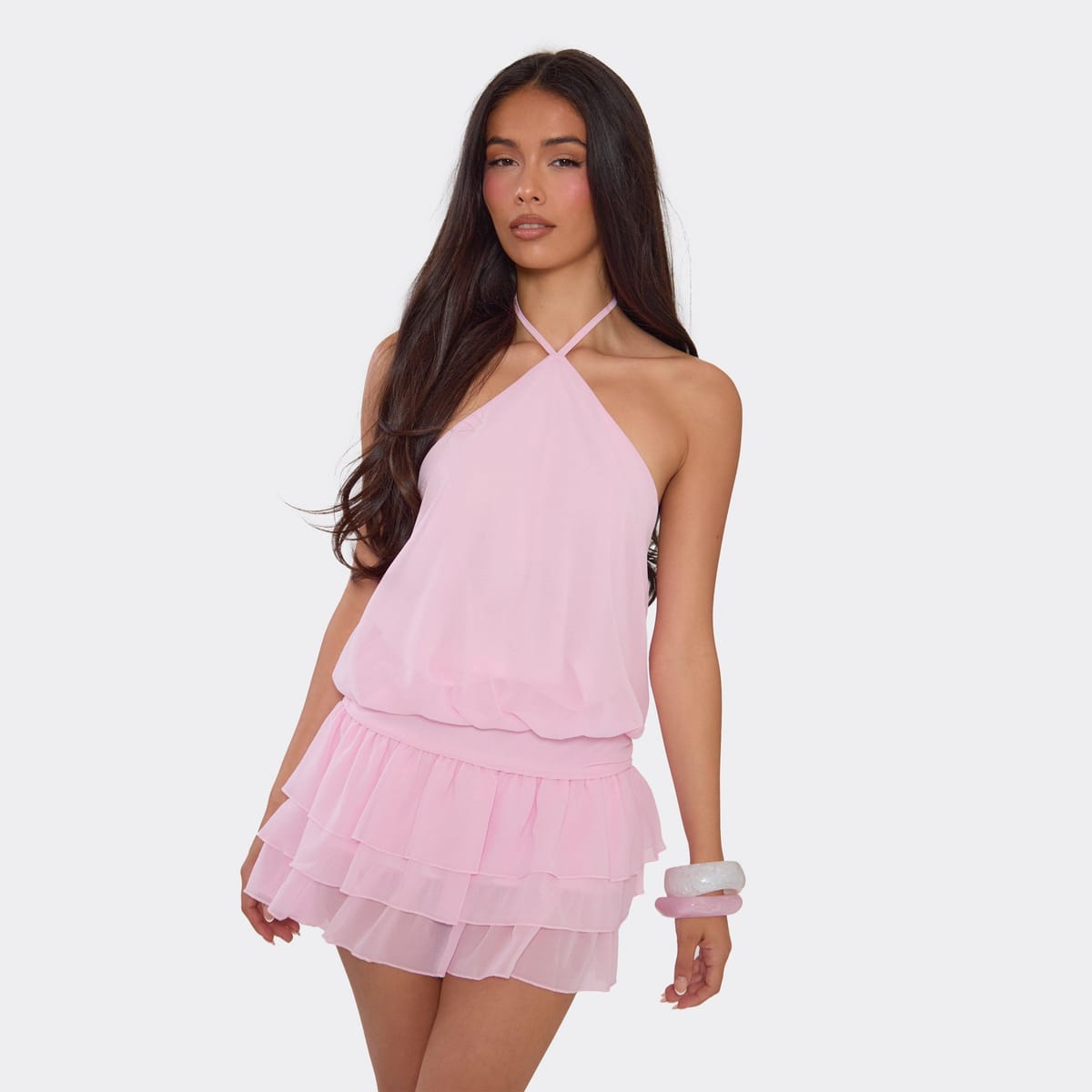 EGO Halterneck Ruffle Skirt Detail Mini Dress In Pink, Women's Size UK 6 - 1