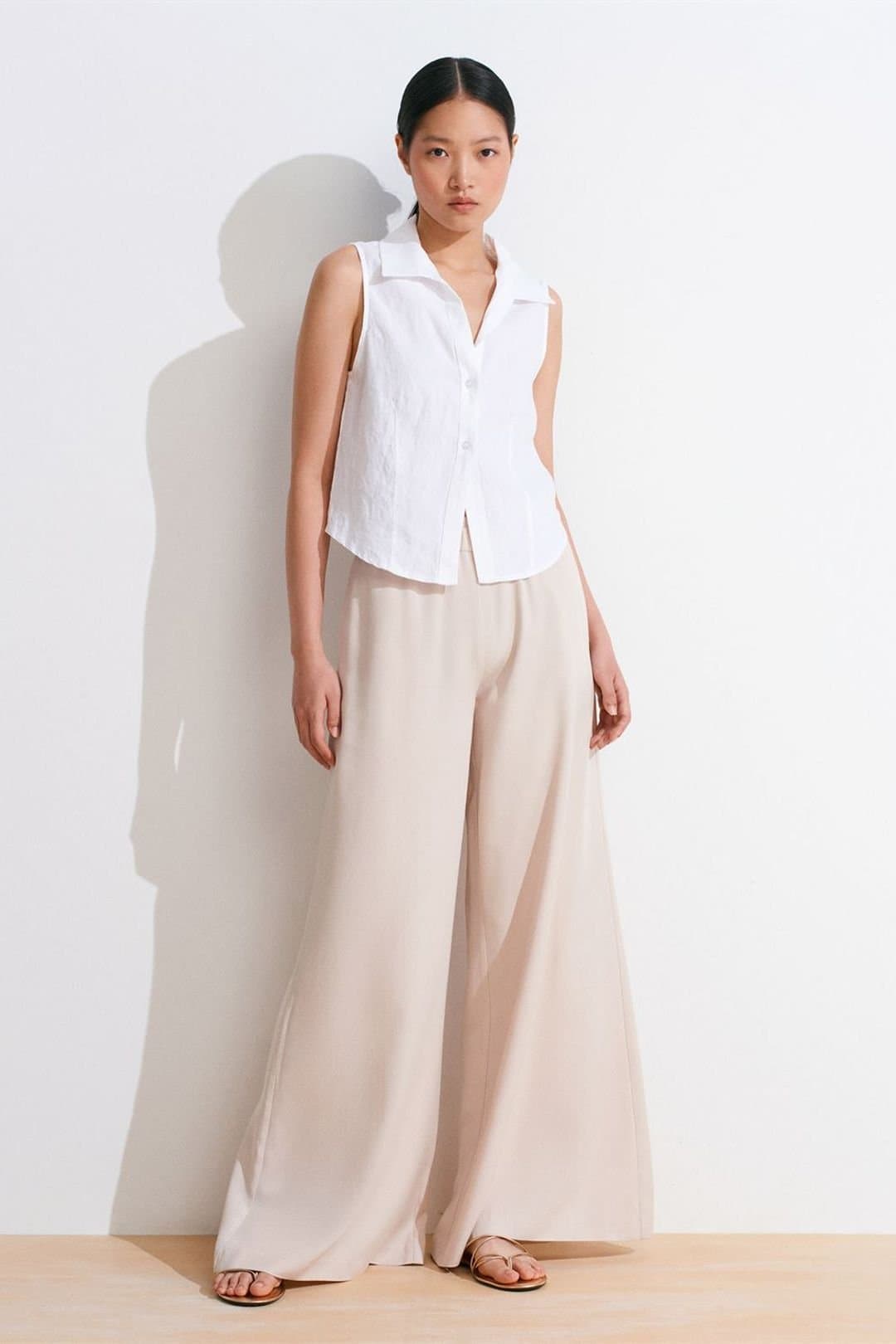 Dilvin Dilvin Women's High-Waist Wide-Leg Tencel Palazzo Pants in Beige