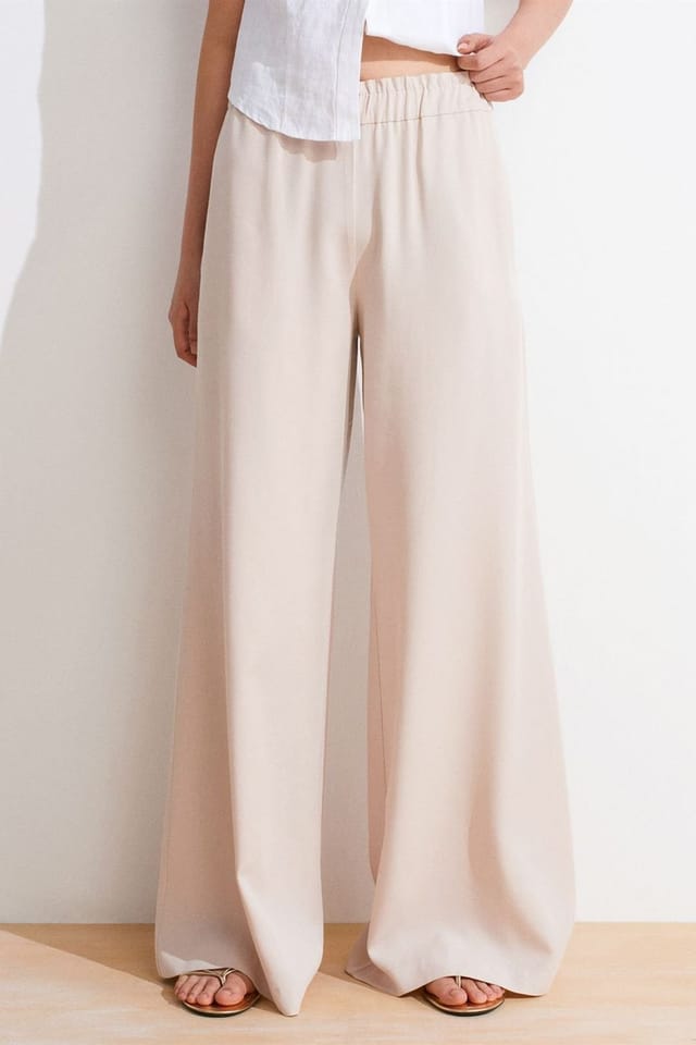 Dilvin Dilvin Women's High-Waist Wide-Leg Tencel Palazzo Pants in Beige - 3